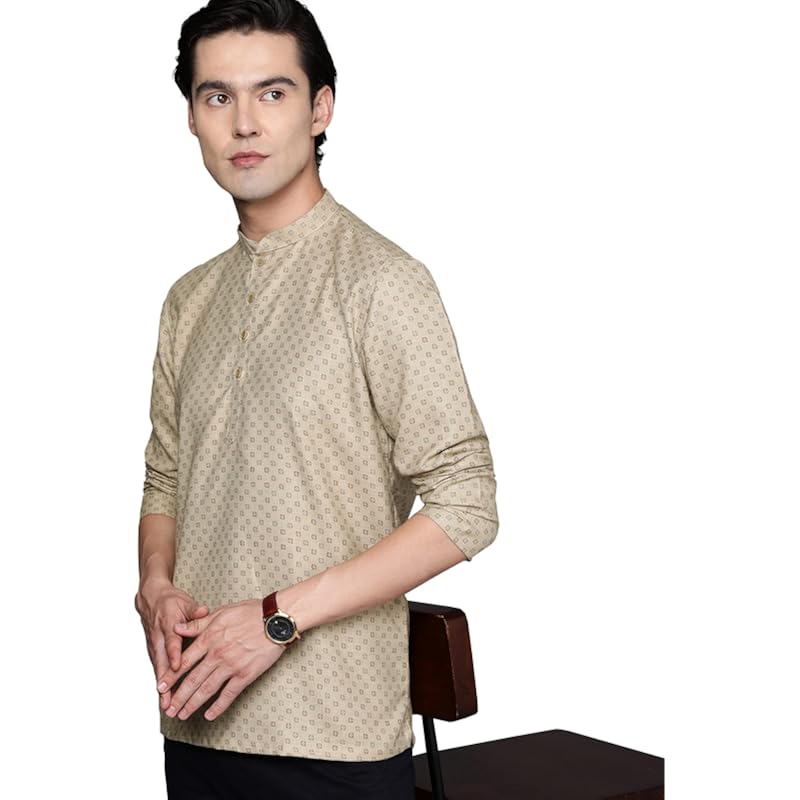 Manyavar Men's Short Kurta, Full Sleeves Mandarin Collar Ethnic Waist Length Kurta Only, Kurta for Festival, Wedding, Pa