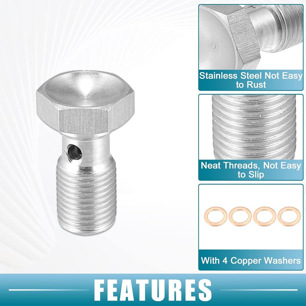 Banjo Bolt Brake Fitting Adapter Kit M10x1.0 Brake Line Thread Single Banjo Bolt with 4 Copper Washers