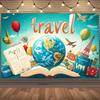 2D Flat Adventure Banner, Teal Sky with Airplanes, Compass and Vintage Luggage Decor Background