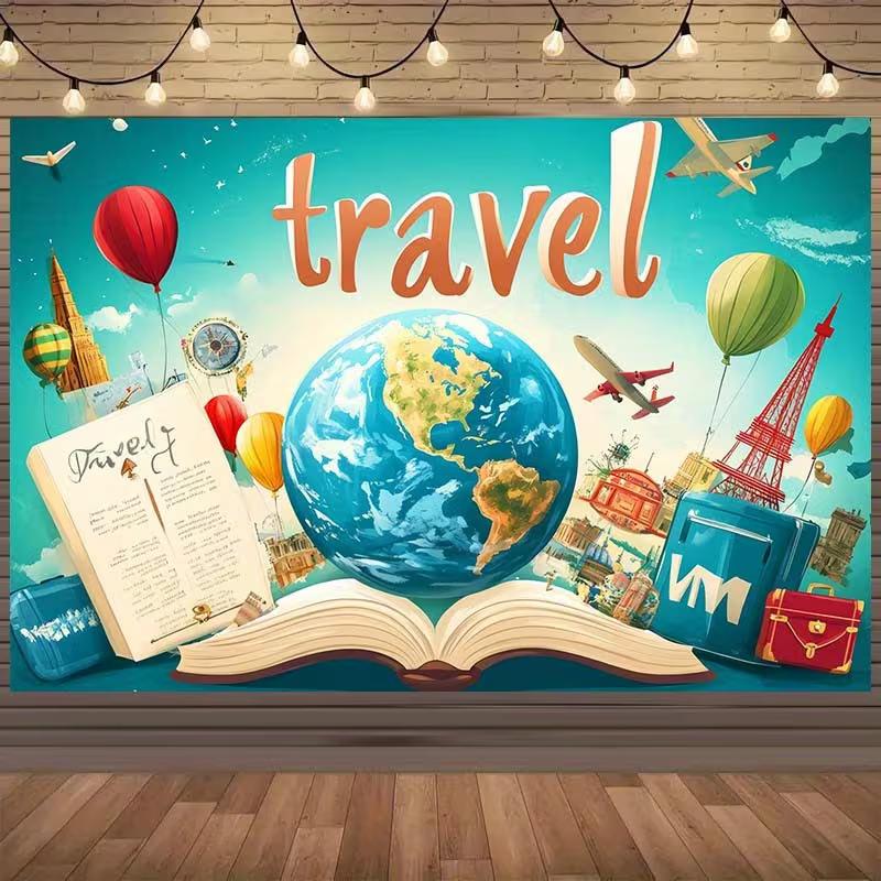 2D Flat Adventure Banner, Teal Sky with Airplanes, Compass and Vintage Luggage Decor Background