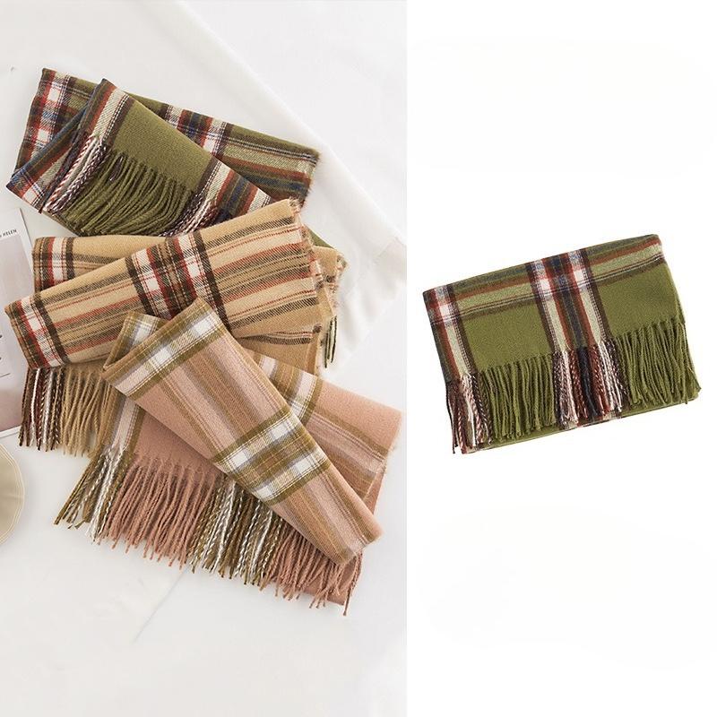 New Korean Style Winter Imitation Cashmere Green Retro Plaid Scarf for Women Japanese Tassel Shawl Warm Scarf