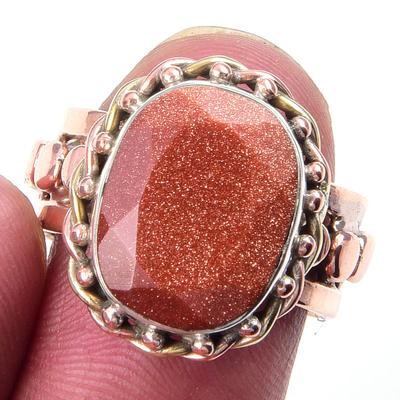 Natural Sunstone Gemstone Handmade 925 Sterling Silver Two Tone Ring Size 7 p3I10