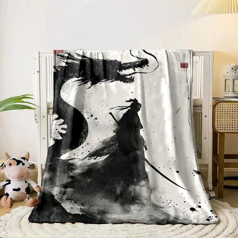 A samurai silhouette with a black ink-style dragon in the background. for all seasons blanket lunch break throw gift 80cm x 120cm