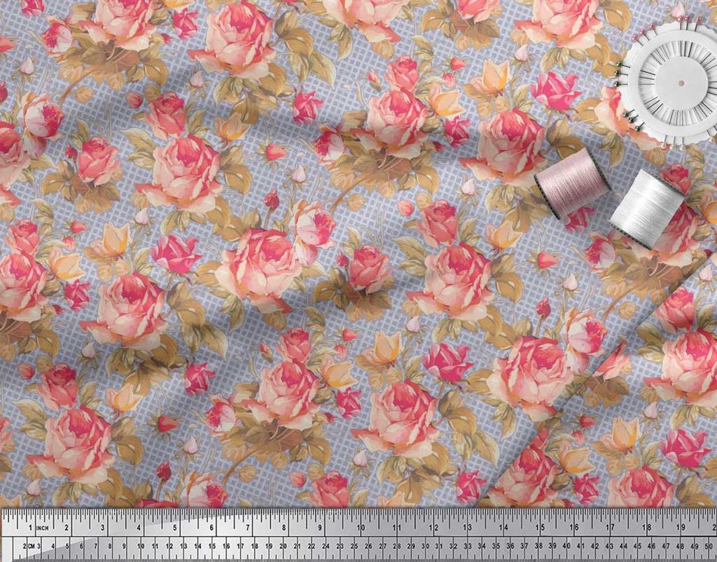 Soimoi Japan Crepe Satin Stoff Sjekk, Blader & Rose Blomstertrykk Sy Stoff meter 42 tommer