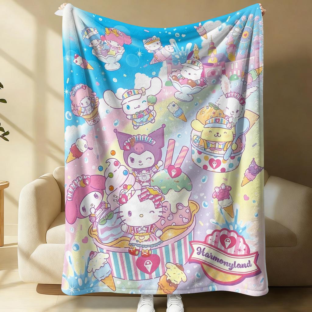Sanrio All Star Characters Flannel Blanket Kawaii Hello Kitty Kuromi Cinnamoroll Rainbow Print Throw Bed Sofa Room Aesthetic