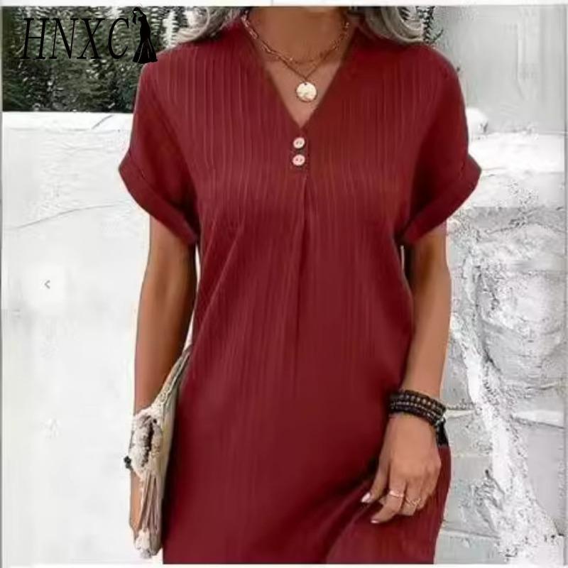 HNXC Abiti casual a vita alta con scollo a V a maniche corte con stampa tinta unita primavera estate moda donna