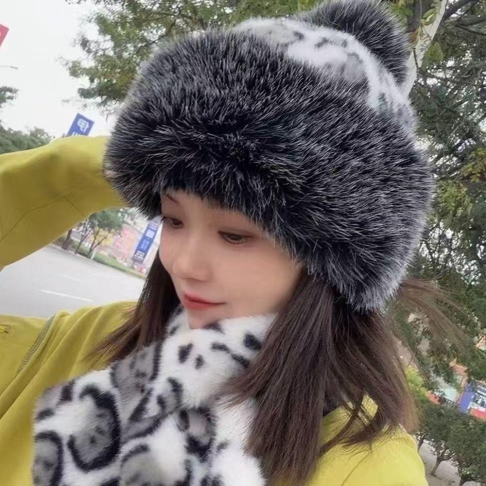 Kunstfell Schal & Mützen Set Verdickt Warm Plüsch Schal Niedliche Panama Kappe Winter