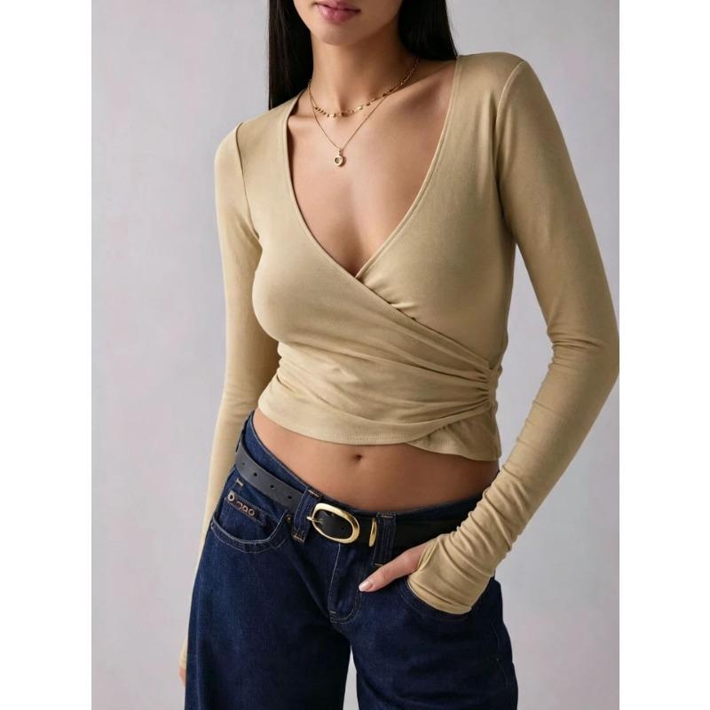 Women S Slim Fit V Neck Long Sleeve T Shirt With Cross Waist Wrap
