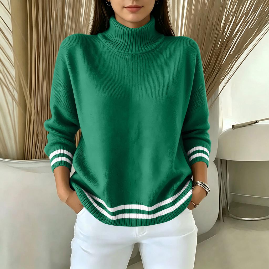Women's Casual Striped Mock Neck Sweater, Loose Fit Long Sleeve Knit Pullover Top