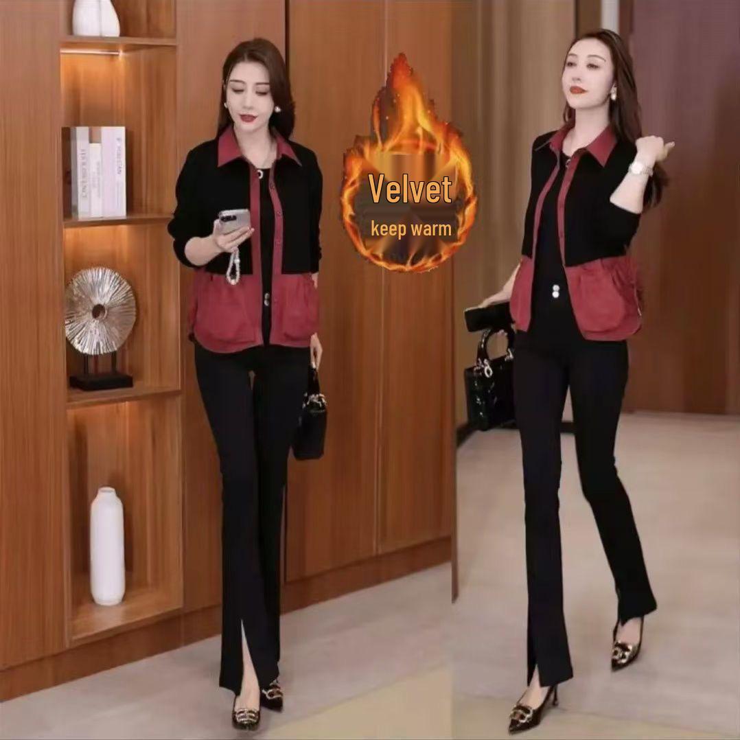 

Fleece-Lined Color-Block Casual Coat - Stylish & Fashionable for Autumn/Winter 2XL червоний