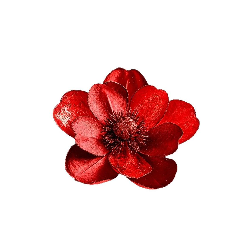 Christmas Tree Decoration: Red, Gold, Green Magnolia Fabric Flowers with Inserted Branches.