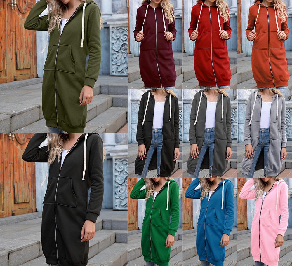 2023 Autumn/Winter Women's Casual Hooded Mid-Length Loose Plain Sweatshirt