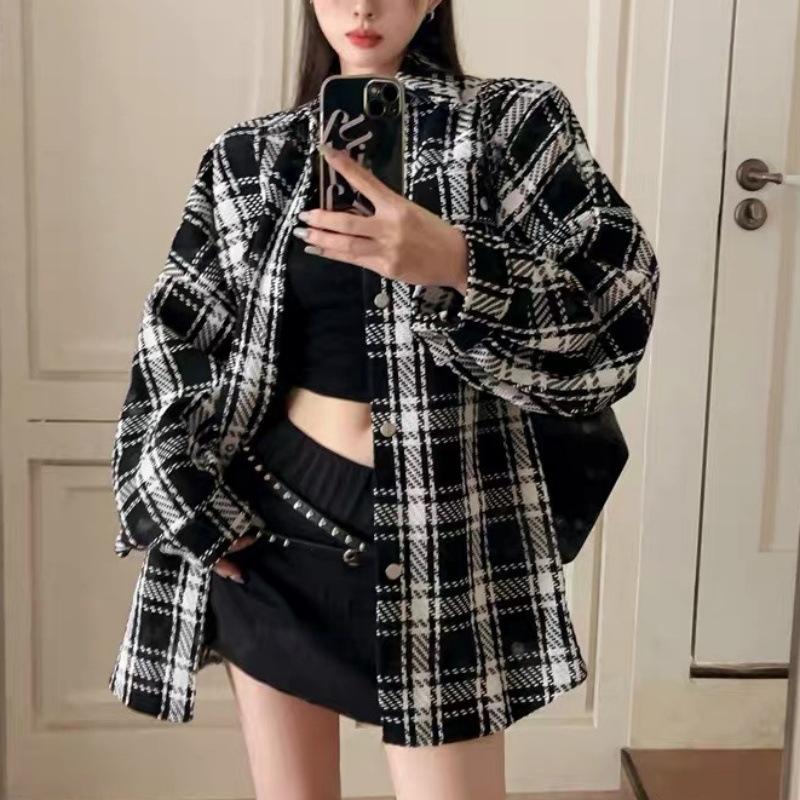 Women's Autumn/Winter Plaid Jacket - Korean Style Slimming Loose Fit POLO Collar Long Sleeve Shirt