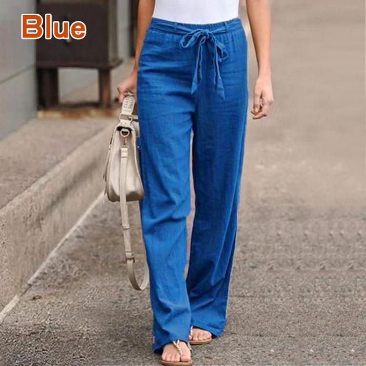 Women Casual Loose Elastic Waist Wide Leg Trousers Long Straight Pants Solid Autumn Polyester Cotton Comfortable