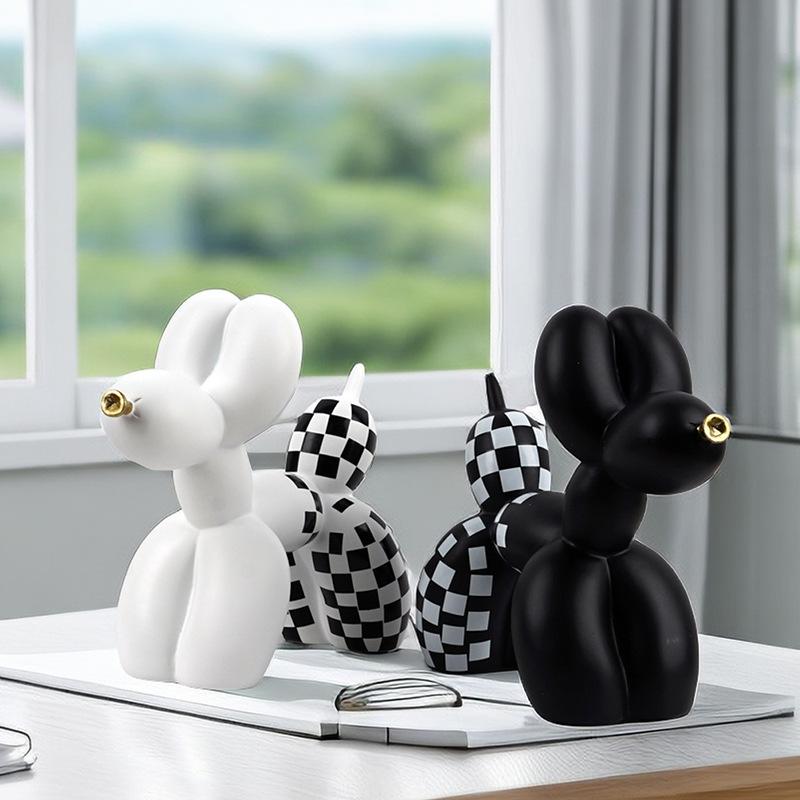 Creative Design Black and White Chessboard Plaid Gold Mouth Balloon Dog Ornament Home Living Room Fine TV Cabinet Plush Decoration Crafts