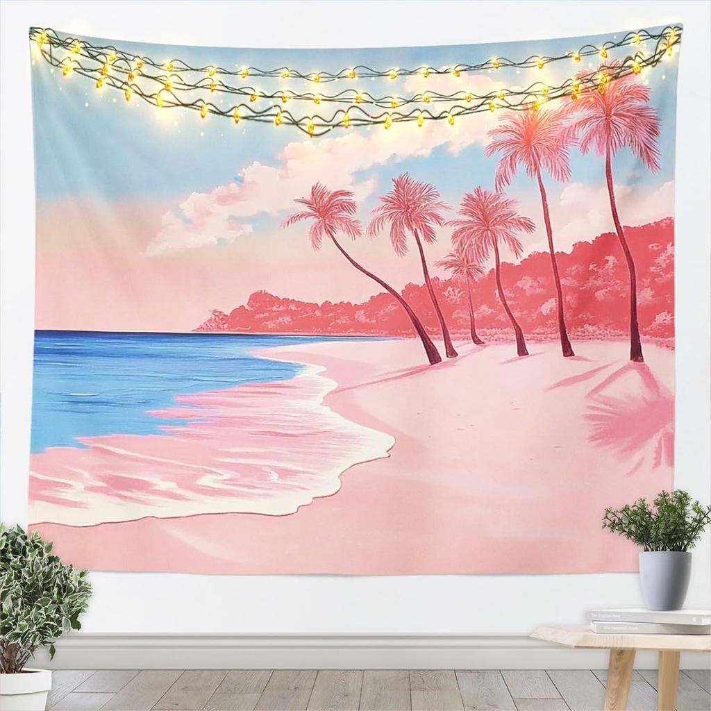 Tropical Sea Tapestry Blue Wave Palm Trees Wall Hanging, Summer Ocean Theme Cartoon Wall Blanket Home Artwork, Kids Girls Room
