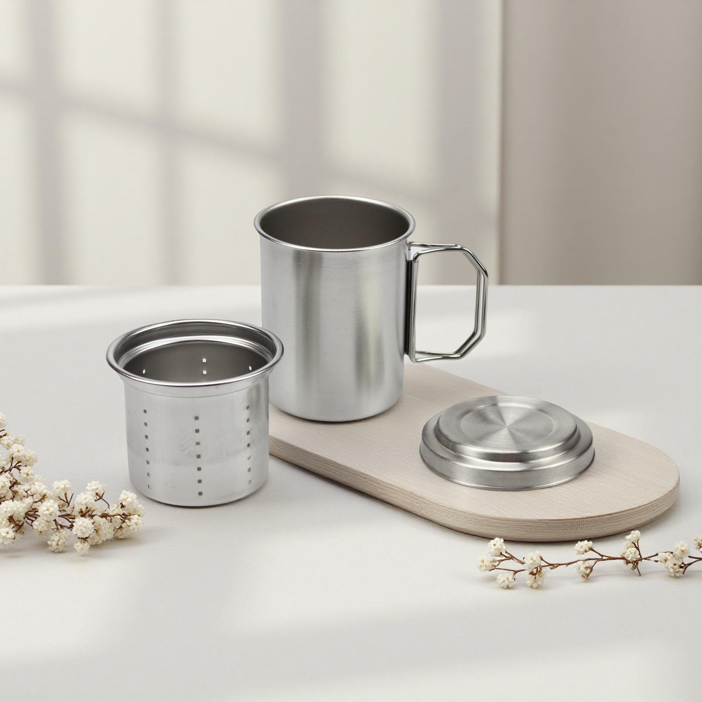 Portable Folding Stainless Steel Camping Cup with Lid and Tea Infuser Outdoor Cup 300ML (with Lid and Infuser)