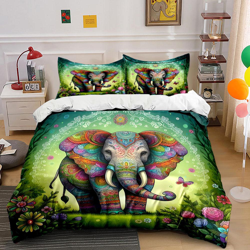 Colorful Elephant Art Decor Set Bedding Set With 1 Duvet Cover 2 Pillowcases Single Double King Queen, Gift