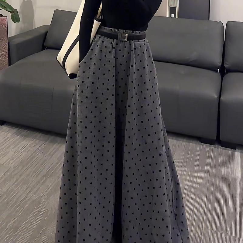 Plus Size Grey Polka Dot Retro Long Skirt - Korean Style, Autumn Collection