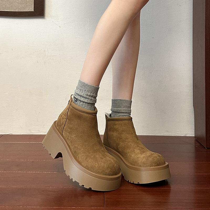 Brown thick-soled thick-heeled cotton shoes women's winter velvet thickened small short boots waterproof and non-slip snow boots
