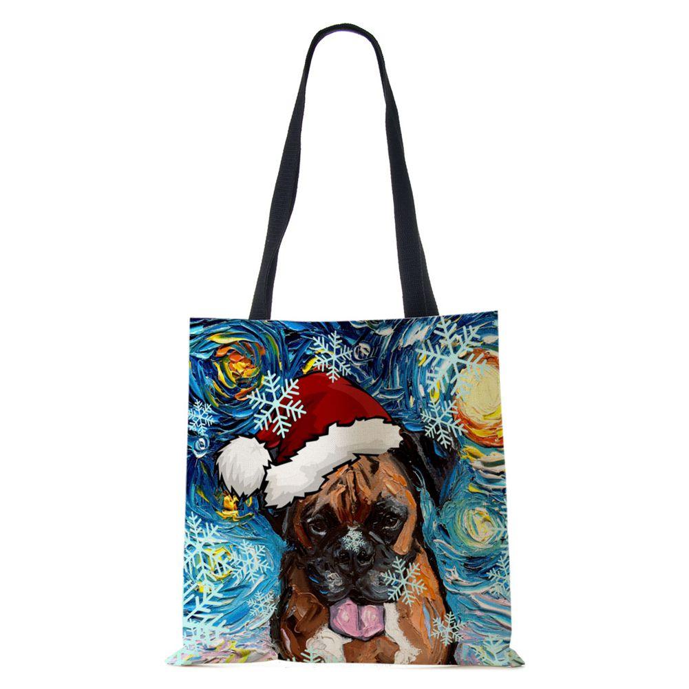 Christmas Dog Canvas Shopper Tote Bag Utskrift Harajuku Kvinner Gjenbrukbar skulderveske 2022 Casual Stor kapasitet sammenleggbar håndveske
