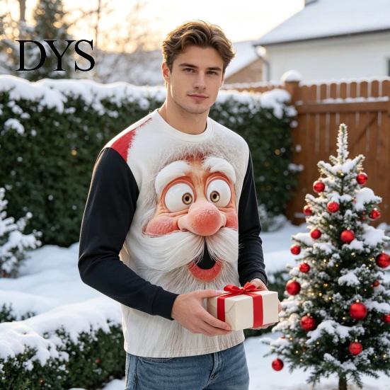 Crew Neck Sweatshirts Christmas Santa Print Sweatshirt for Men, Holiday Party Crewneck Long 3D Sleeve Top, Breathable Casual Loose Pullover