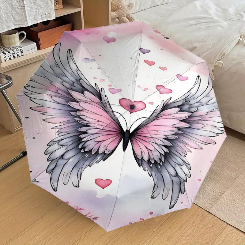 1pc Wings Hearts Automatic Open/Close Umbrella Compact Folding Umbrella with 8-Rib Shaft for Women/Men, Elegant Birthday1190S