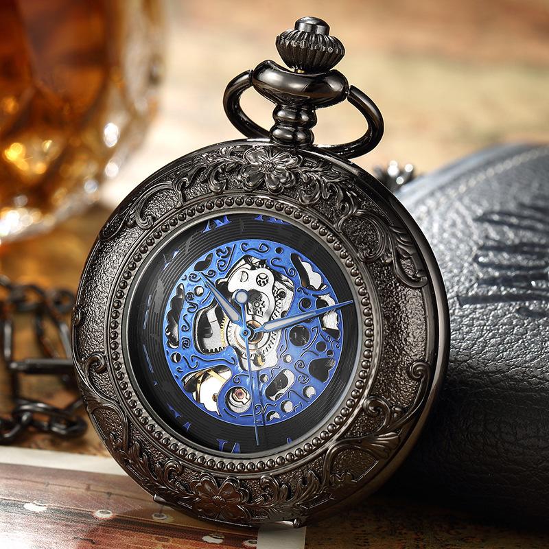 Magnifying Glass Blue Mechanical Pocket Watch