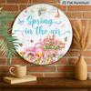 2D Flat, 1pc Round Aluminum "Spring in the Air" Sign, Pink Truck & Tulip Watercolor Metal Wall Art, Butterfly Floral Design, Waterproof & Durable