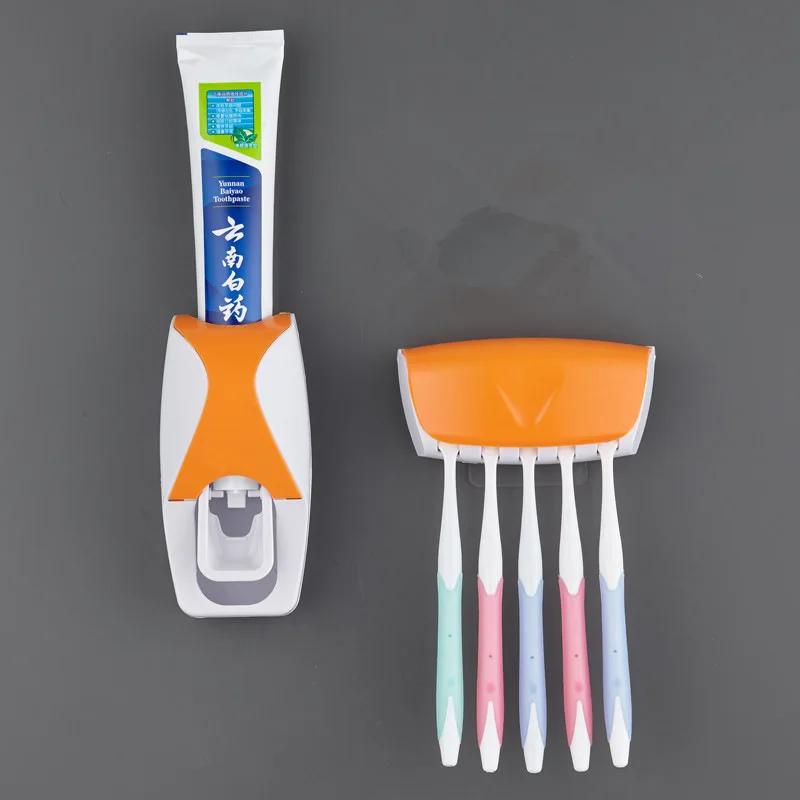 A Wall Mounted Toothbrush Holder with an Automatic Toothpaste Dispenser and a Bathroom Toothpaste Squeezer