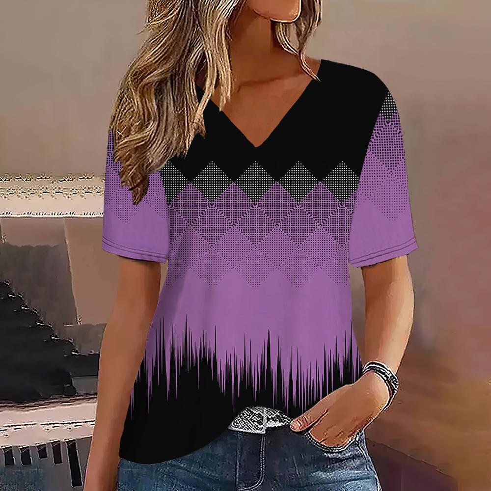 Women's T-shirt Summer V-neck Short-sleeved Striped Graphic Printing Outdoor Casual Pullover Women's T-shirt