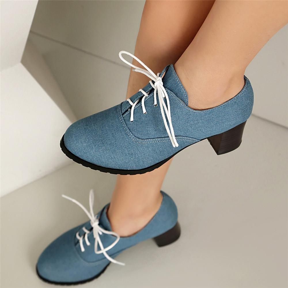 Móda Vintage Denim Dámské Šněrovací Lodičky Čtvercový Podpatek Kulatá Špička Vysoké Podpatky Britský Styl Oxfordky Podzim Nízký Svršek Studentské Boty Modré Kozačky