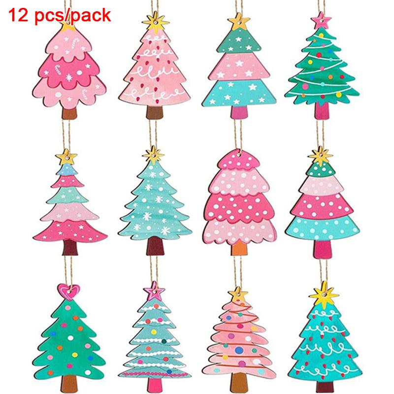 12PCS Book Pendant Colorful Multi-element Christmas Tree Decoration Suspension Rope Exquisite Wooden Gift Holiday