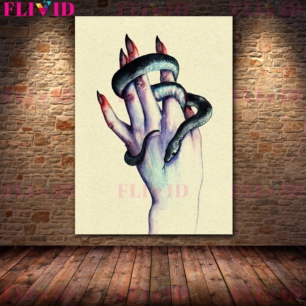 Female Hand Holding Snake Dark Witchcraft Wall Art Canvas Painting Abstract Witch And Black Magic Art Poster And Print Decor No Frame