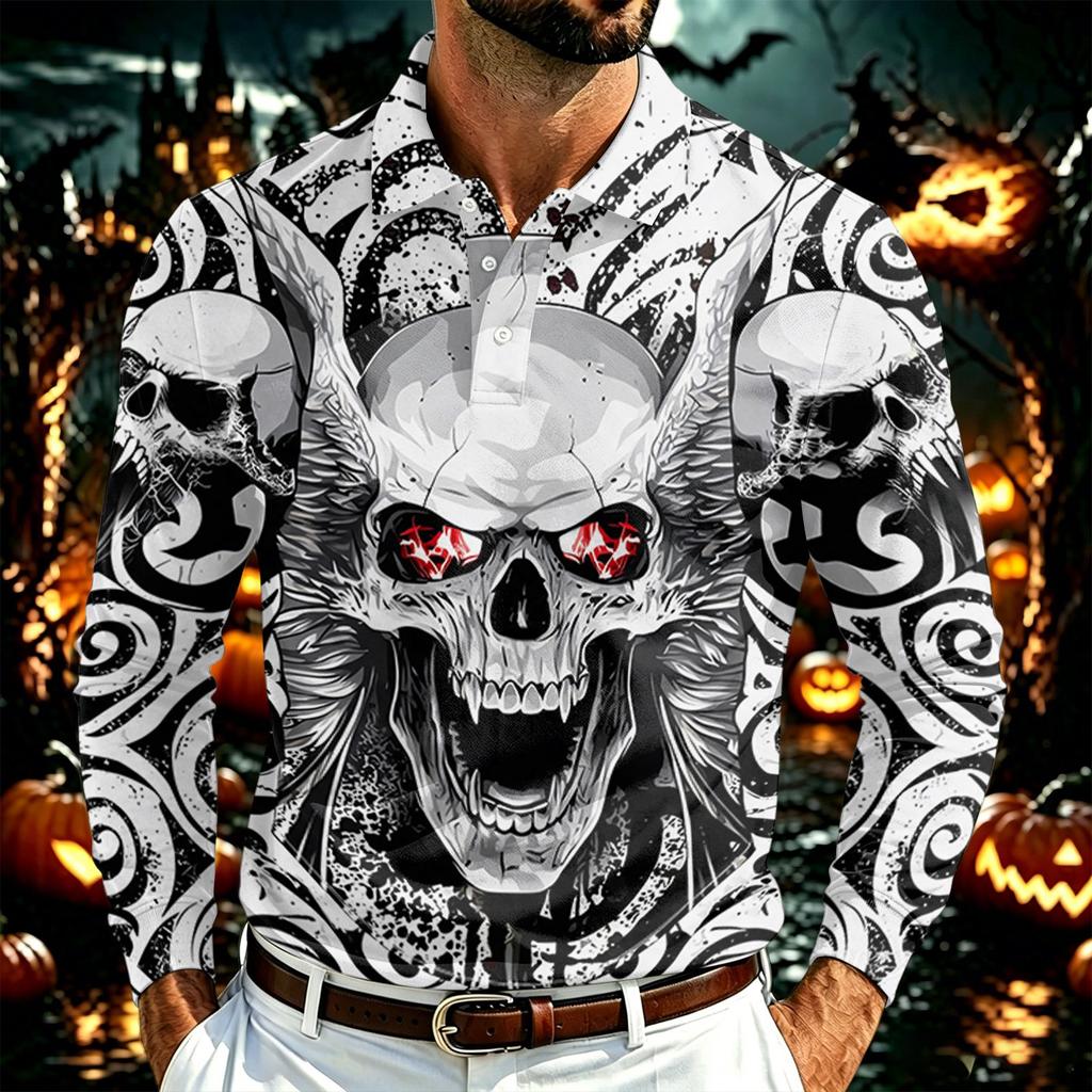 Men's Long Sleeve Mesh Shirt with Collar and Halloween Print Lightweight Breathable Top for Fall