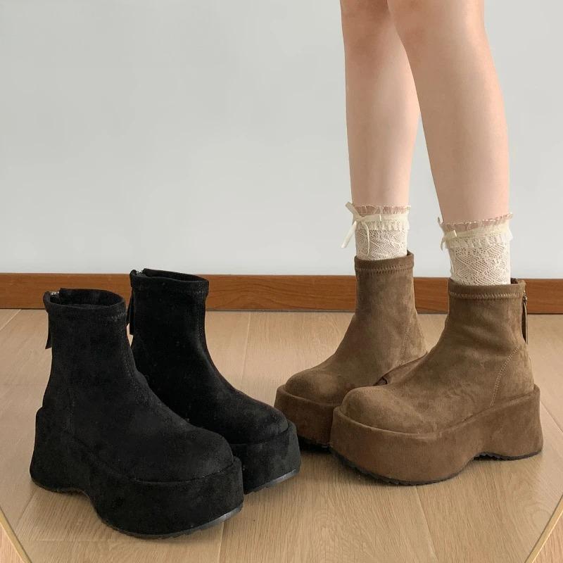 Vintage Platform Thick Sole Woman Ankle Boots Comfort Round Toe Dress Shoes Autumn Winter Slim Height Increase Short Botas