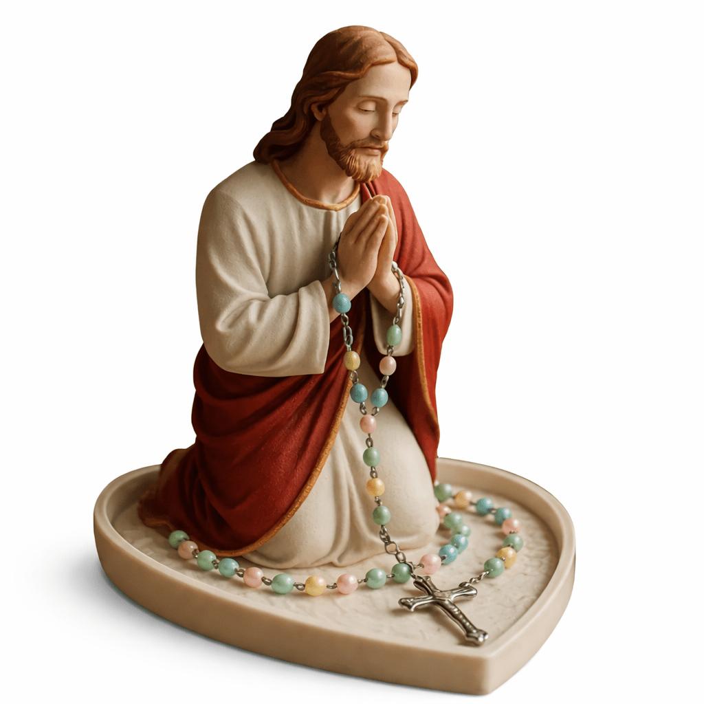 

Jesus Virgin Mary Praying Statue Holder Heart Shaped Tray for Rosary Beads for Catholic Home Altar Prayer Corner Religious Gift