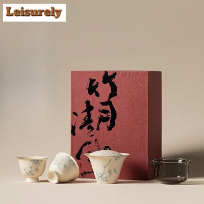 Set da Tè Completo in Polvere Yin Dipinto a Mano con Motivo Bambù, Set Completo di Lusso per Cerimonia del Tè, Set Teiera e Tazzine da Tè per Regalo di Tè, Forniture