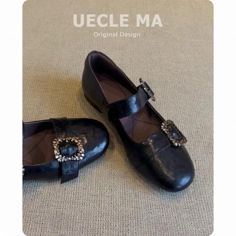 Leather single shoes women's flat commuter ballet shoes gentle evening shoes with skirt one-word buckle Mary Jane shoes