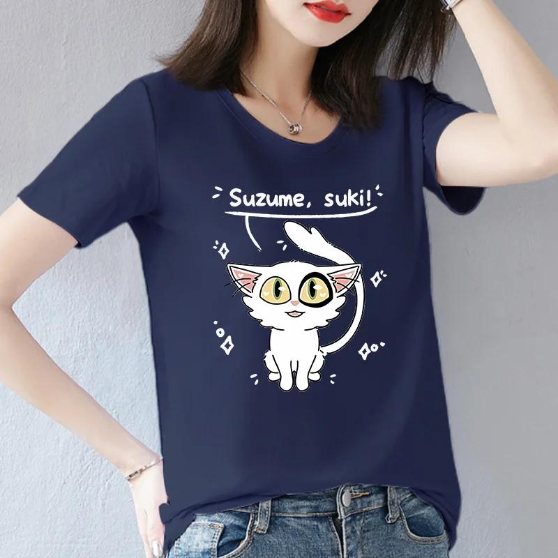 cotton Anime Suzume Suki White Cat Print T Shirt Women Cute Cartoon Graphic Short Sleeve Casual Summer Red Tee