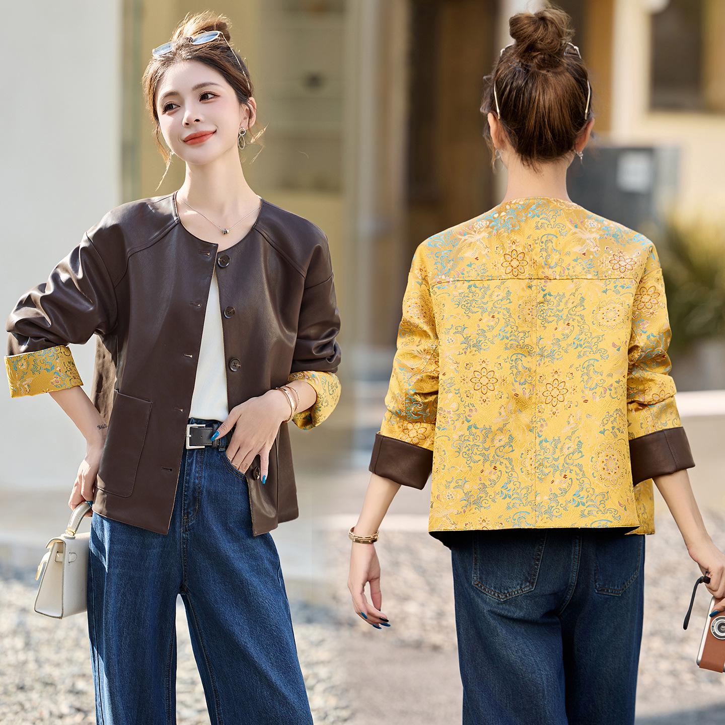 

Женская двусторонняя кожаная куртка - Весна/Осень 2025, китайский стиль, короткая, повседневная, универсальная Medium синий