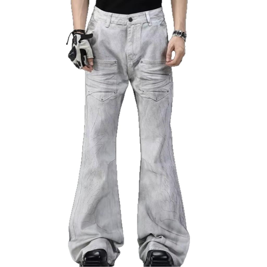 Spring and Autumn new American high street retro washed old tie-dye design jeans men's loose micro-flared pants