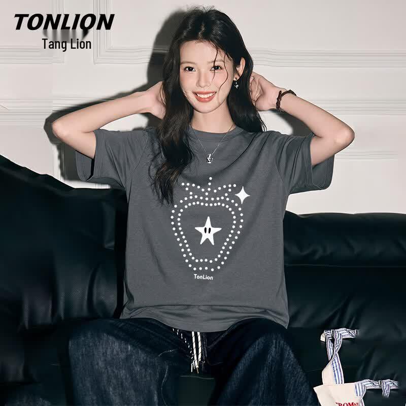 TonLion Women s Strawberry Print Cotton T-Shirt M темно серый
