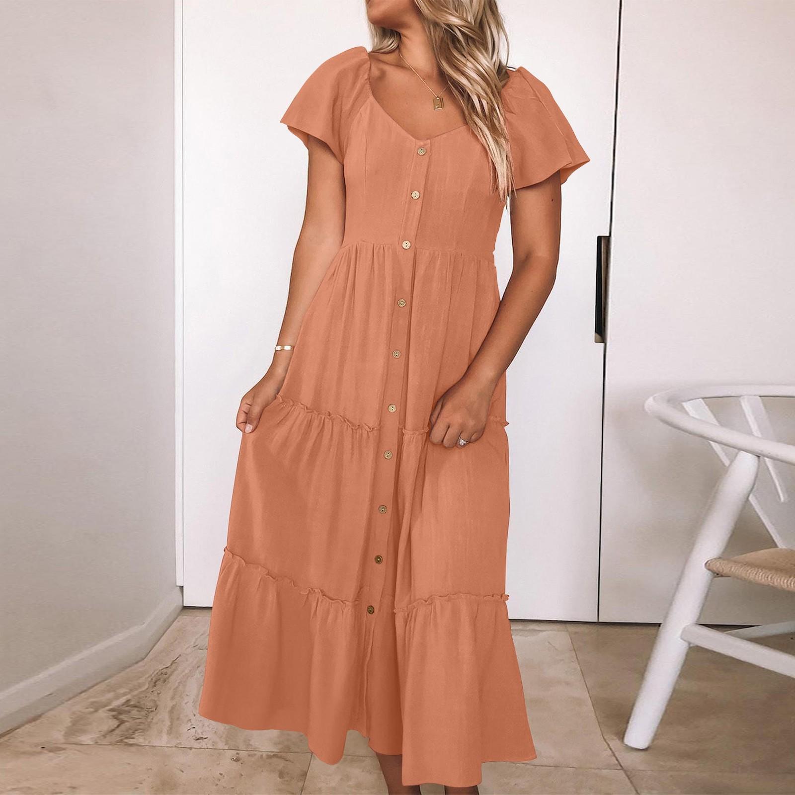 

Сплошное цветное повседневное темпераментное универсальное платье с короткими рукавами и U-образным вырезом на пуговицах XL имбирный