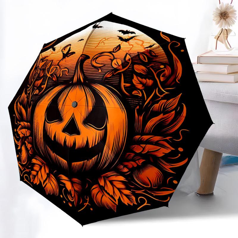 1pc Pumpkin Halloween Automatic Folding Umbrella Compact Lightweight Travel Umbrella with 8-Rib Sturdy Frame, Windproof & Self058