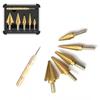 6-Piece Tapered Reamer Set with Titanium & Zinc Plating In Aluminum Box for Center Positioning, Drill, Iron, and Stainless Steel.
