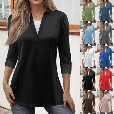 Women's Fashion Casual Lapel 3/4 Sleeve Loose Solid Color T-Shirt Ladies Top