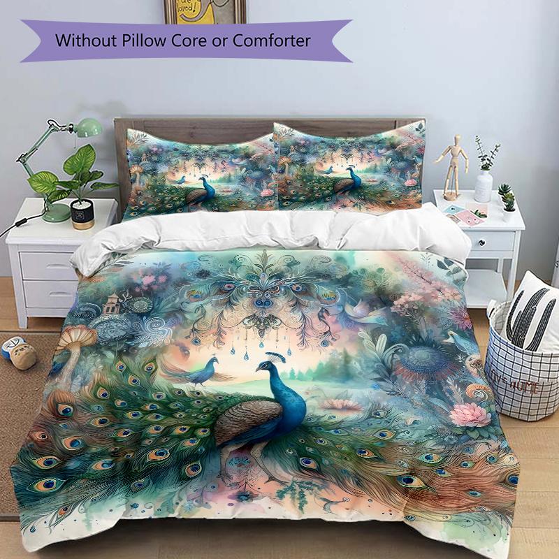 

3pcs Enchanted Peacock Garden Print Cover Set Ultra Soft, Breathable, and Comfortable Bedding with Stylish Design for Bedroom and Guest Room Deco 135x200cm