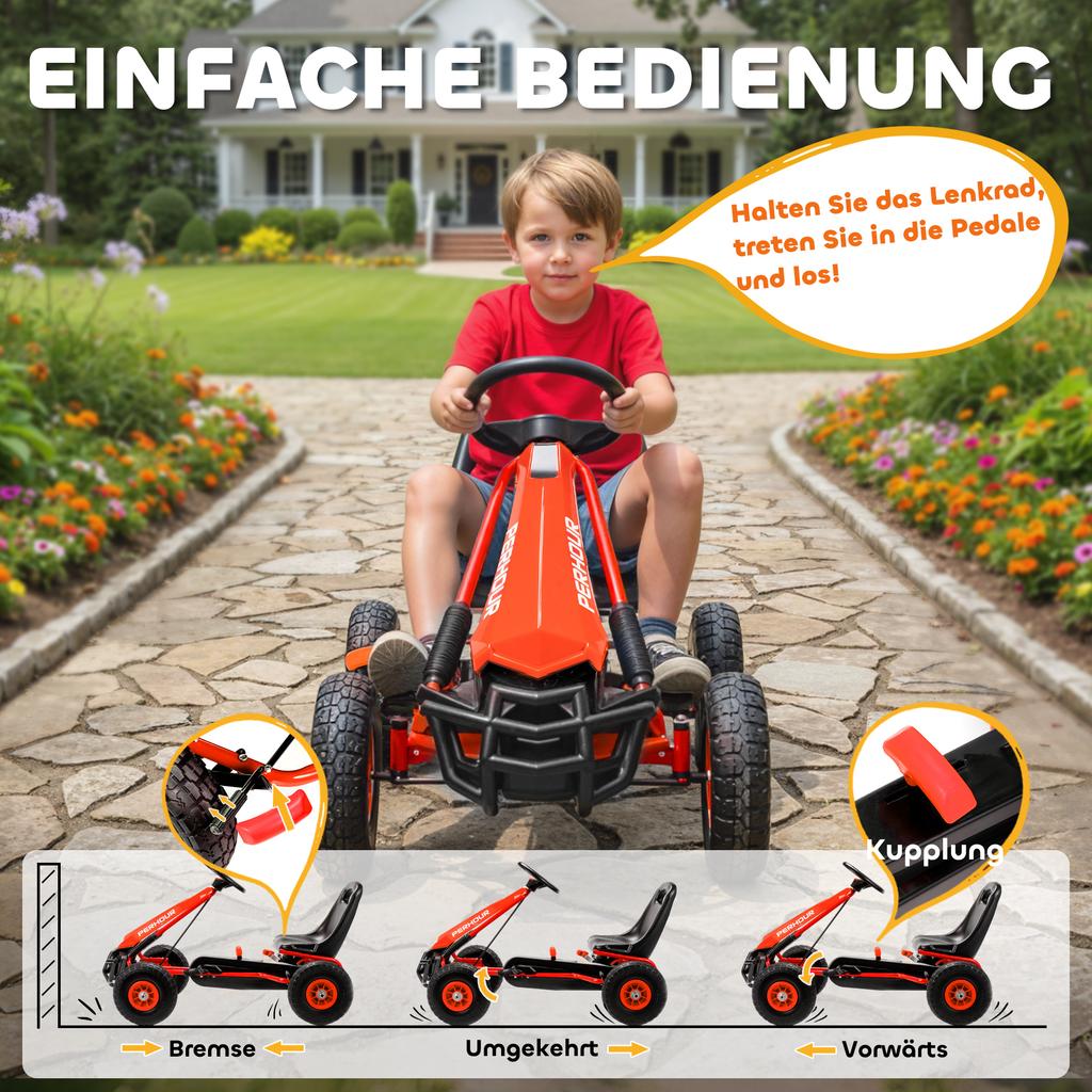 Pedal Go-kart for Children, Height-adjustable Seat, EVA Wheels, Brake, Clutch, Ages 3-8, Red