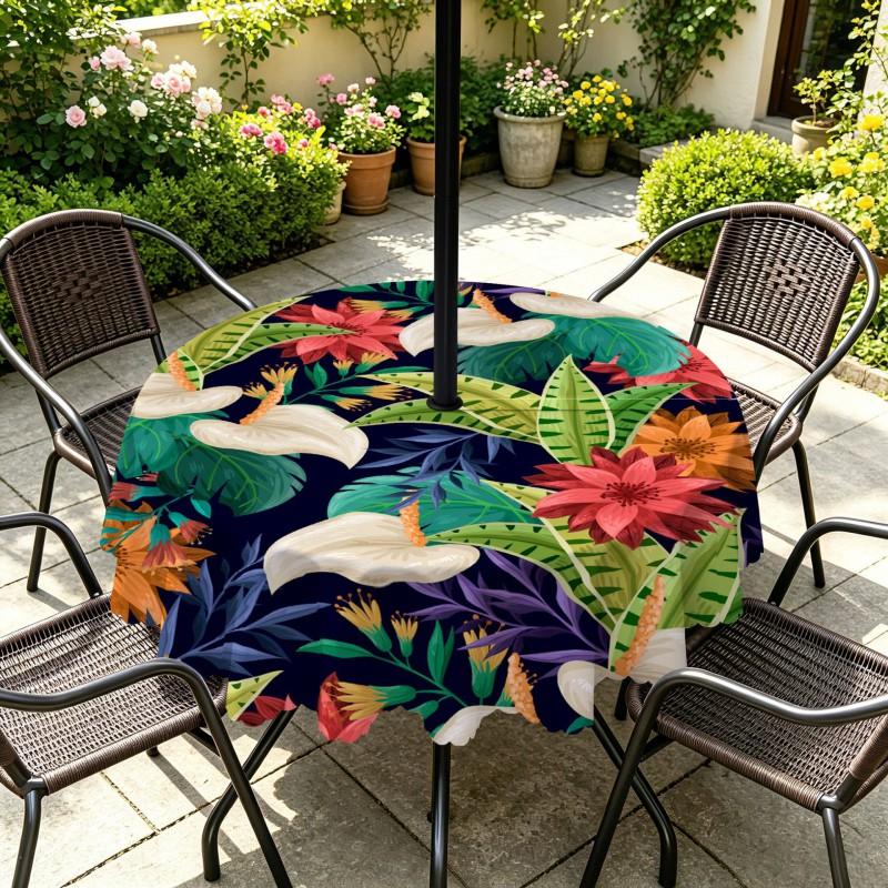 Outdoor Round Tablecloth With Umbrella Hole Waterproof Oil Resistant Floral Leaf Patio Garden Deck